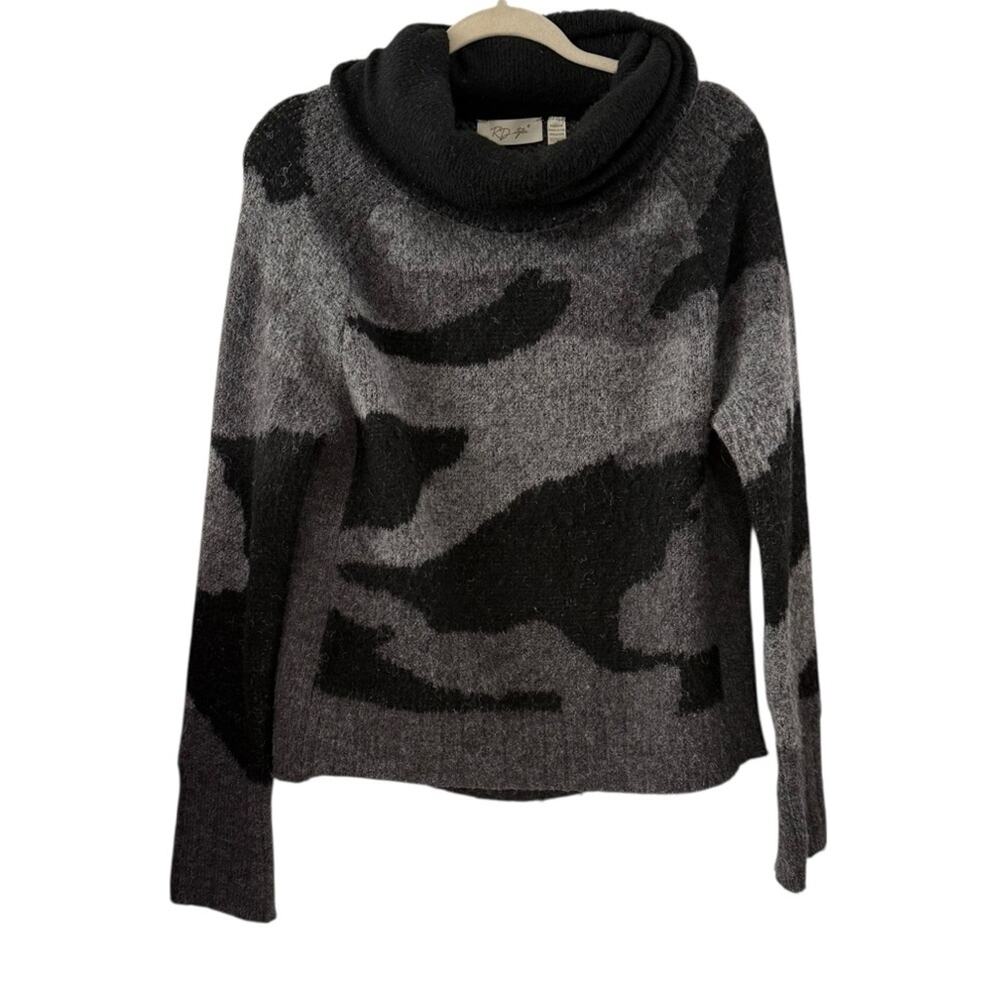 RD Style XS Cowl Neck Grey Black Camouflage Chunky Knit Sweater Cozy